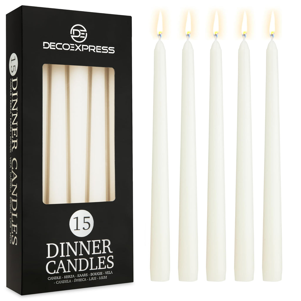 DECO EXPRESS Taper Candles Set of 6, 10, 15 or 50, Long Burning Time up to 8 Hours, Odourless (Purple, Set of 15)