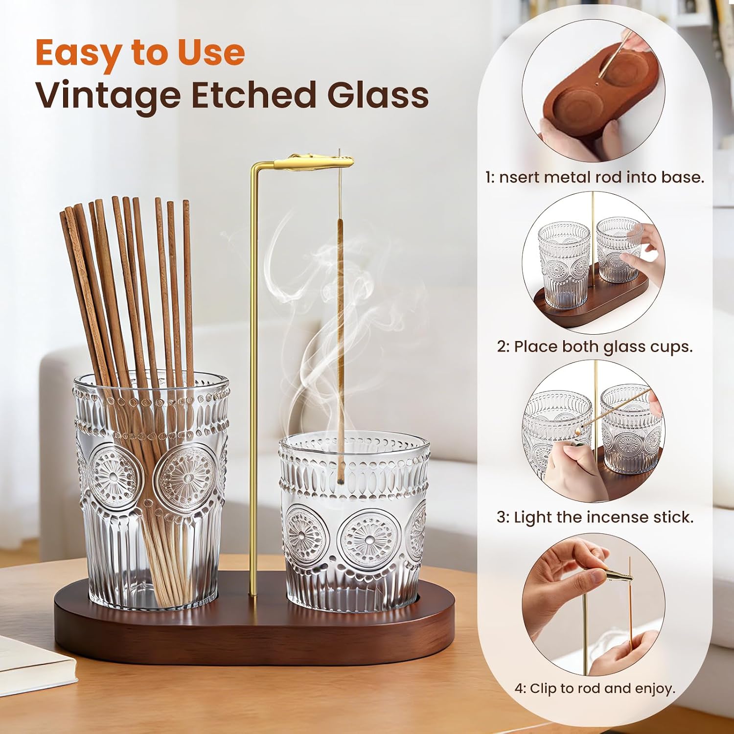 2 in 1 Incense Holder for Sticks, Vintage Glass Incense Burner | Upside Down insence-stick holder, Ash Catcher & Solid Wood Base, Anti-Ash Flying Catcher for Meditation, Yoga, Spa & Home