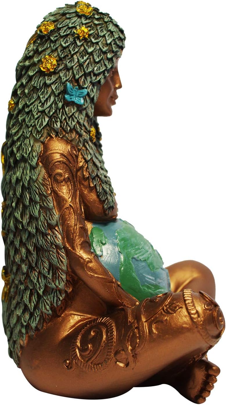 Gaia Mother Earth Goddess Statue, Resin Witchy Spiritual Figurines Pagan Nature Home Room Outdoor Decor, Gold, 6 x 4.2 x 3.6 inch