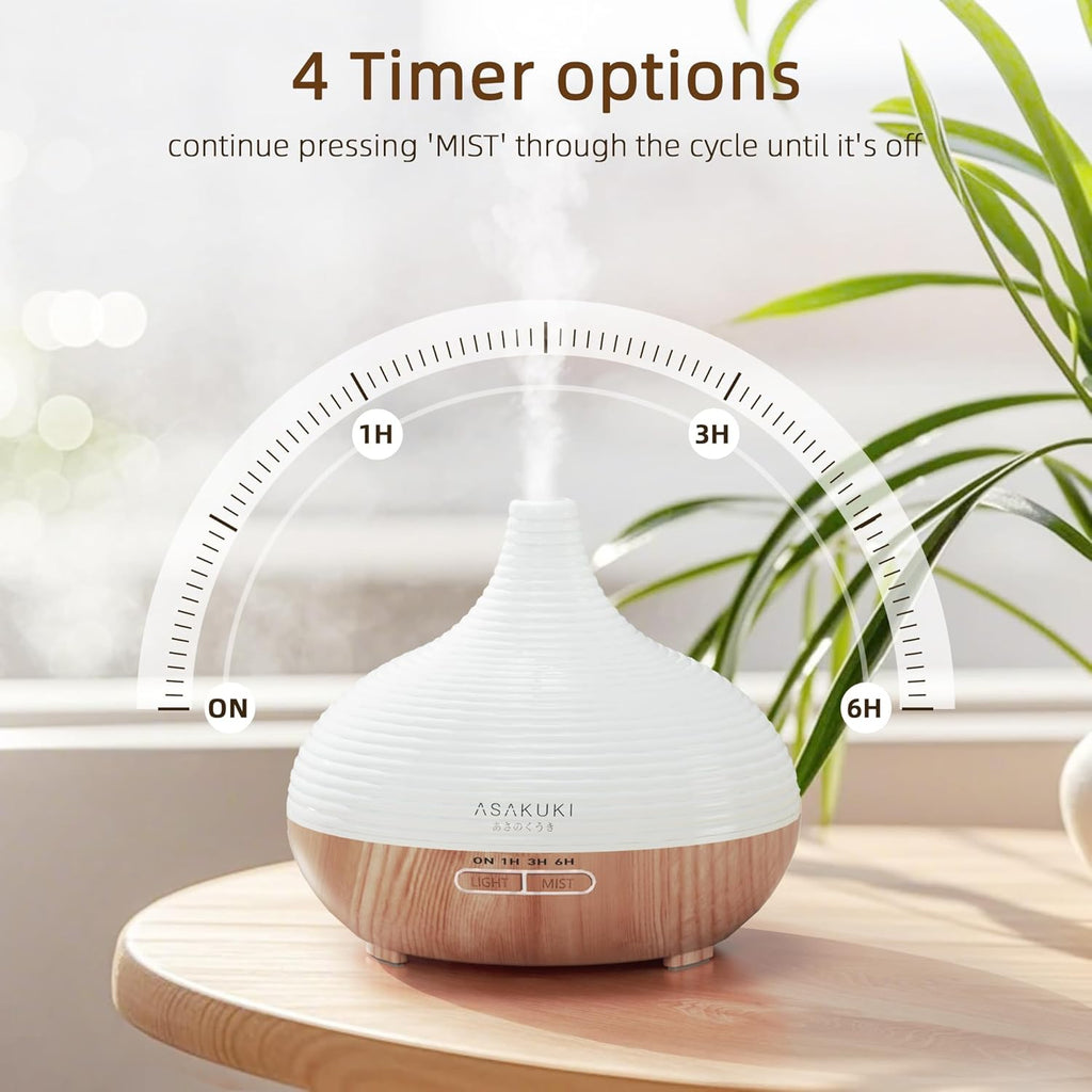 Asakuki Aroma Diffuser for Fragrance Oils, 300 ml Premium Ultrasonic Humidifier for Aromatherapy Oils with 7-Colour LED Light, BPA-Free for Bedroom, Office, Spa