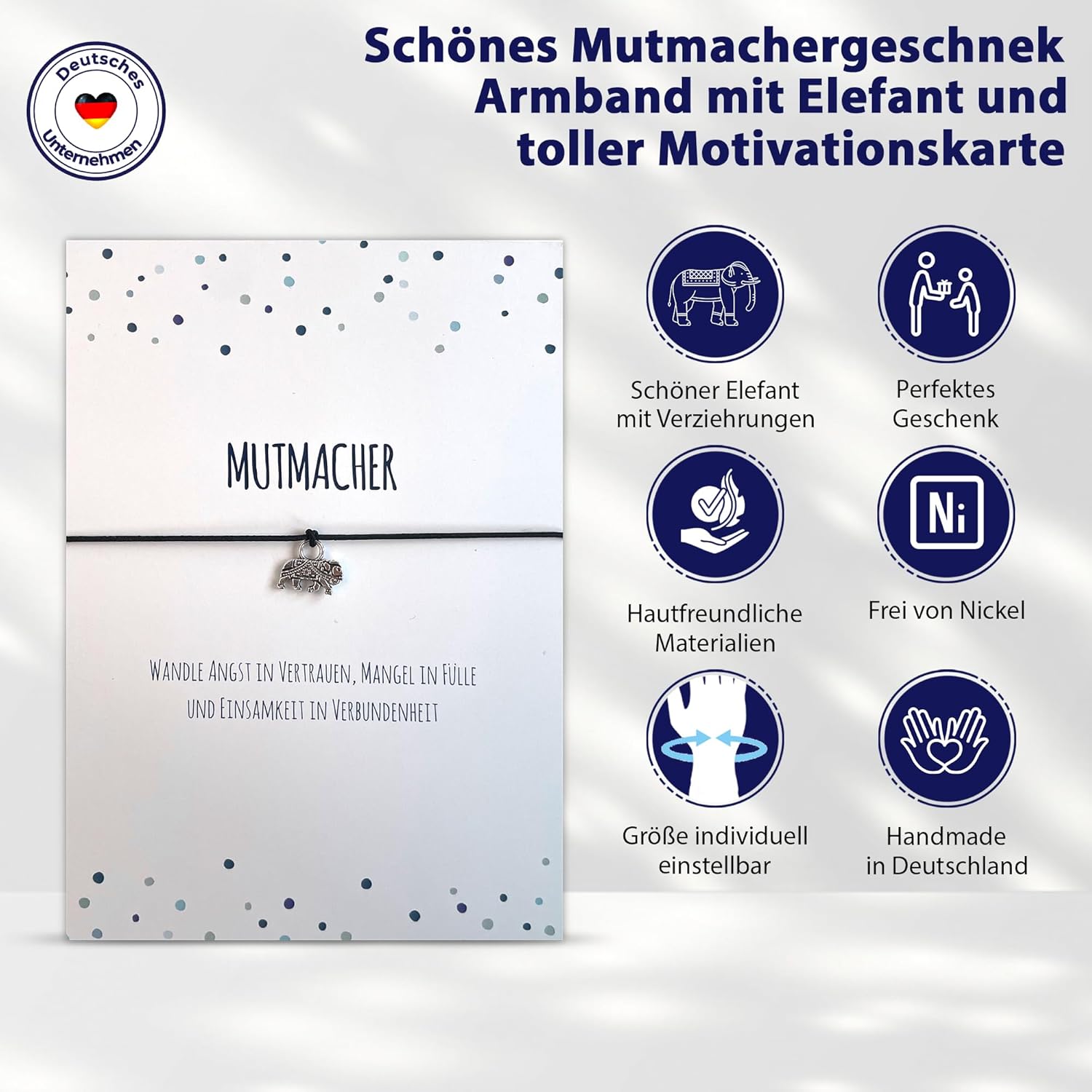 Glücksschmiedin - Mutmacher Geschenk, Motivations Postkarte mit Kraft Armband und Elefant Anhänger handgefertigt