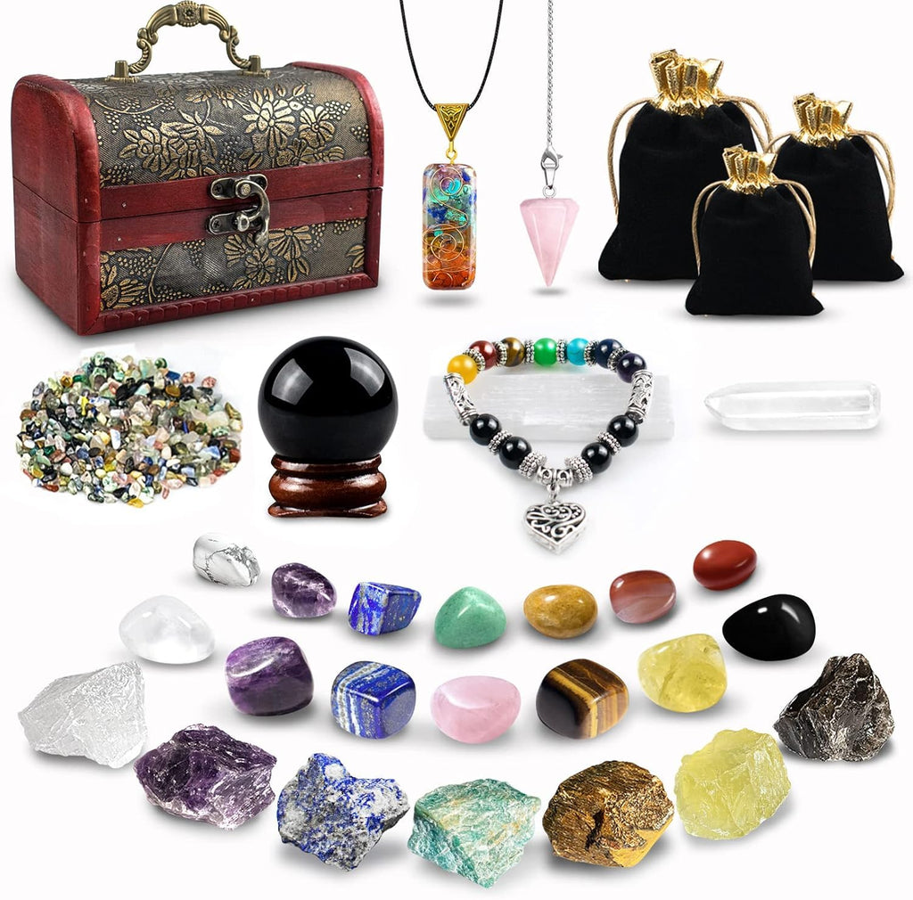 21 Stück Kristalle Steine Set,Kristall Heilsteine,Heilkristalle Edelsteine 7 Kristallen,7 Chakra-Stein und Pyramide mit Stoffbeutel für Meditation,Adventskalender,Reiki,Energieausgleich