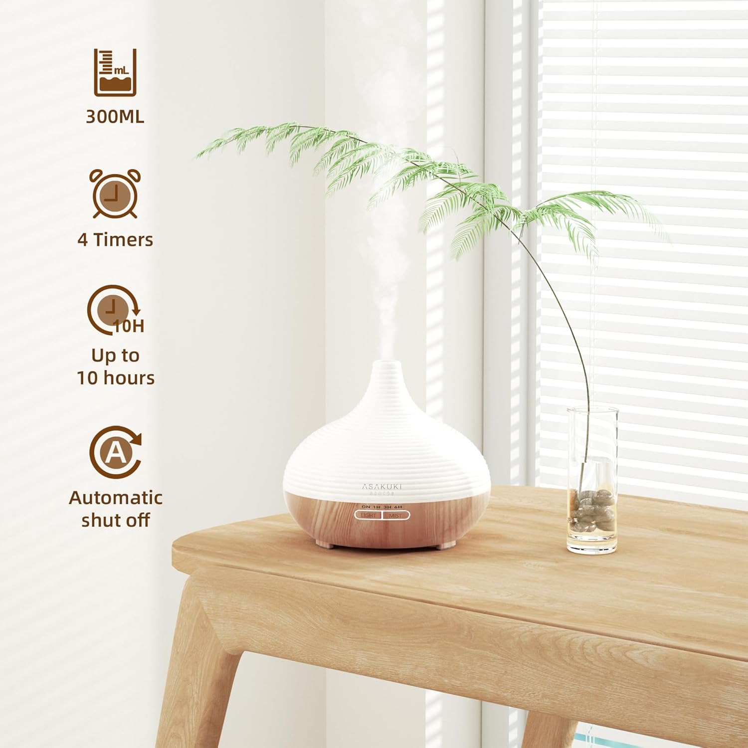 Asakuki Aroma Diffuser for Fragrance Oils, 300 ml Premium Ultrasonic Humidifier for Aromatherapy Oils with 7-Colour LED Light, BPA-Free for Bedroom, Office, Spa