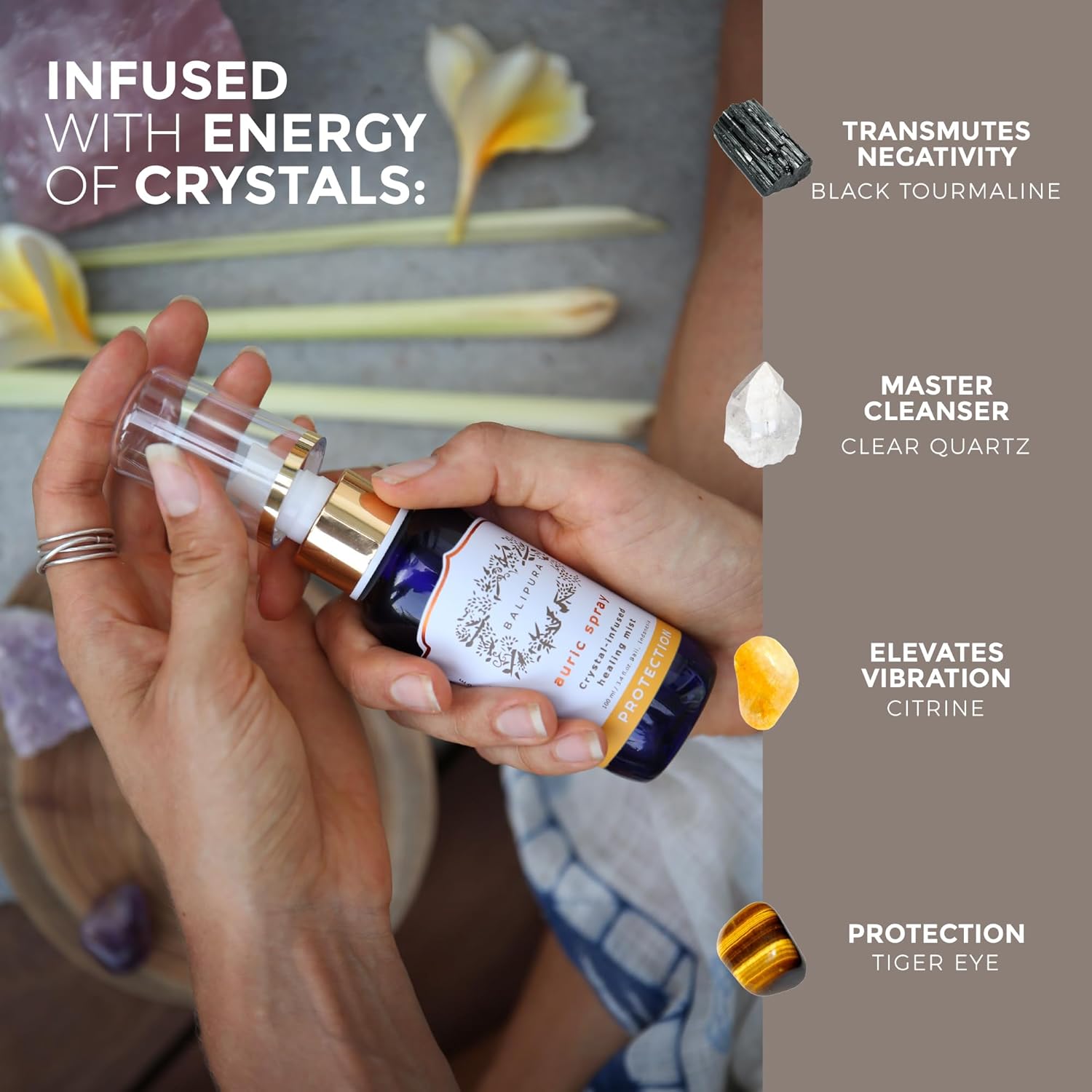BALIPURA - Healing Crystals Auric Mixtures of Essential Oils of Lavender and Lemongrass, Black Tourmaline, Smoky Quartz and Citrine. "Protection" Aura Mist Handmade in Bali, 100 ml