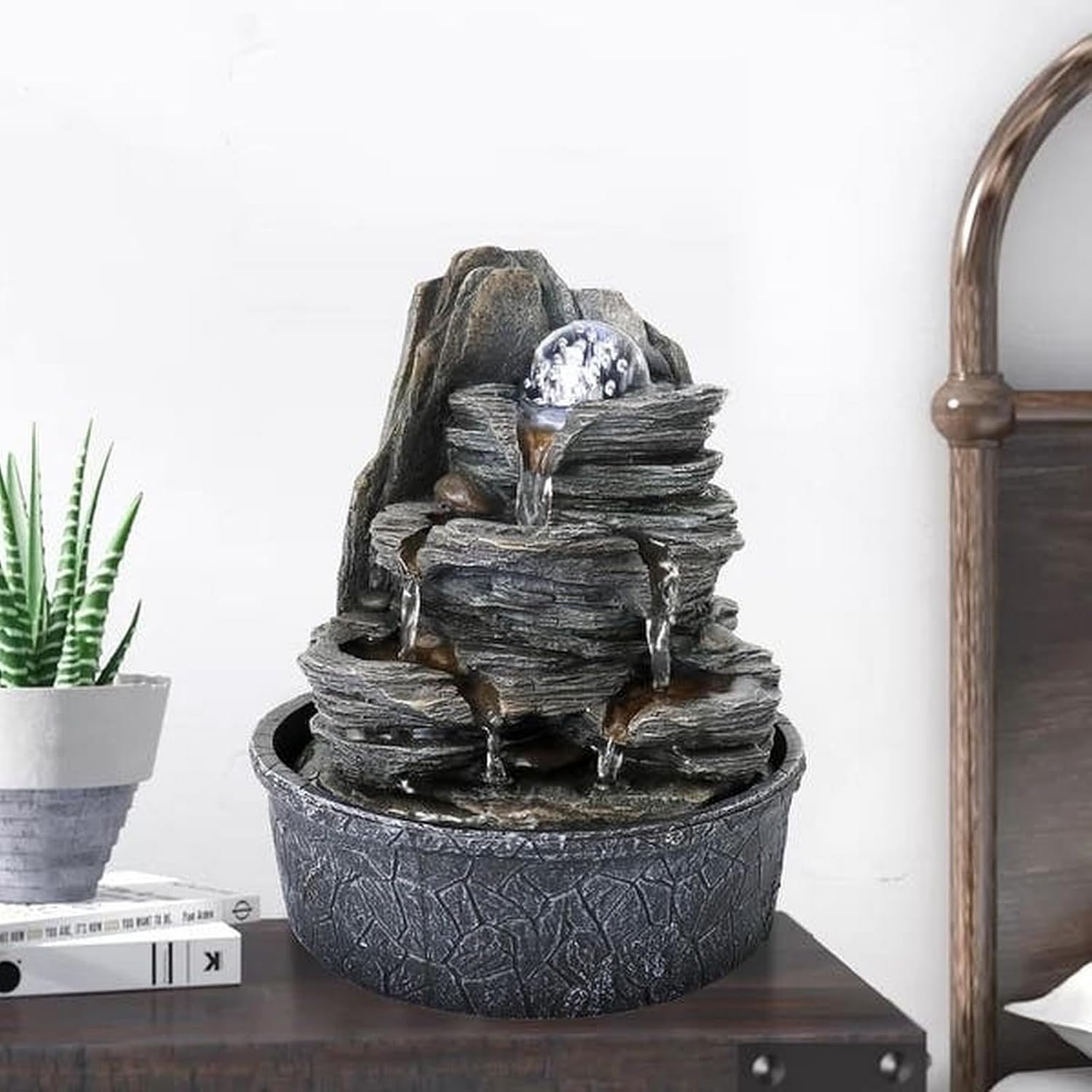 Luberon Zen'Light Indoor Fountain Waterfall Natural Stairs Stone Effect Colourful Light Gift Idea Interior Decoration in Motion Zen Table Fountain Relaxing Lucky Charm Object H 25 cm