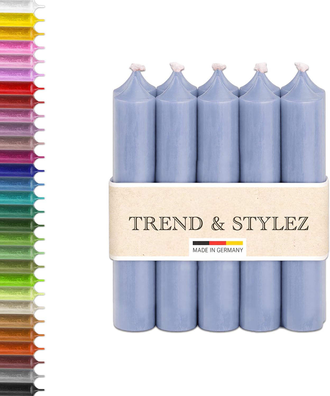 10 Bunte Spitzkerzen durchgefärbt 100x22mm | RAL Stabkerzen mit 8h+ Brenndauer | Ohne Tropfen & Rußen | Tafelkerzen für Leuchter | Made in Germany (Pastellblau)