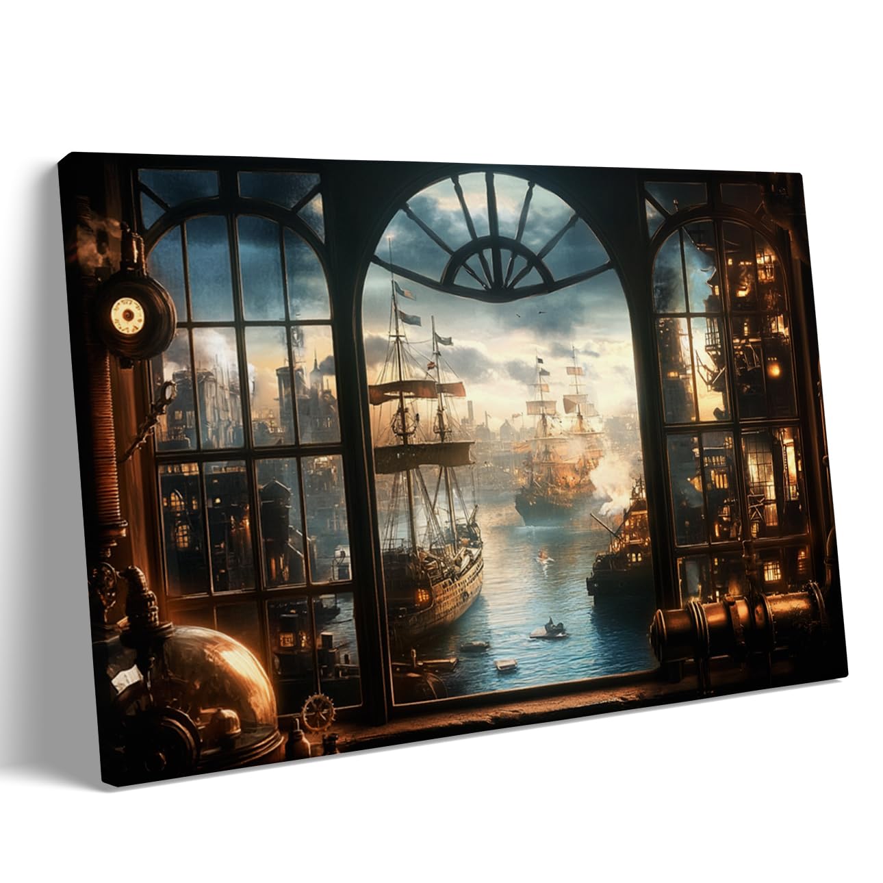 Steampunk Airship Canvas Wall Art Vintage Cityscape Illustration with Metallic Airship and Ornate Buildings Fantasy Sci-Fi Print for Office Lounge Studio Posters 11x14in Unframed
