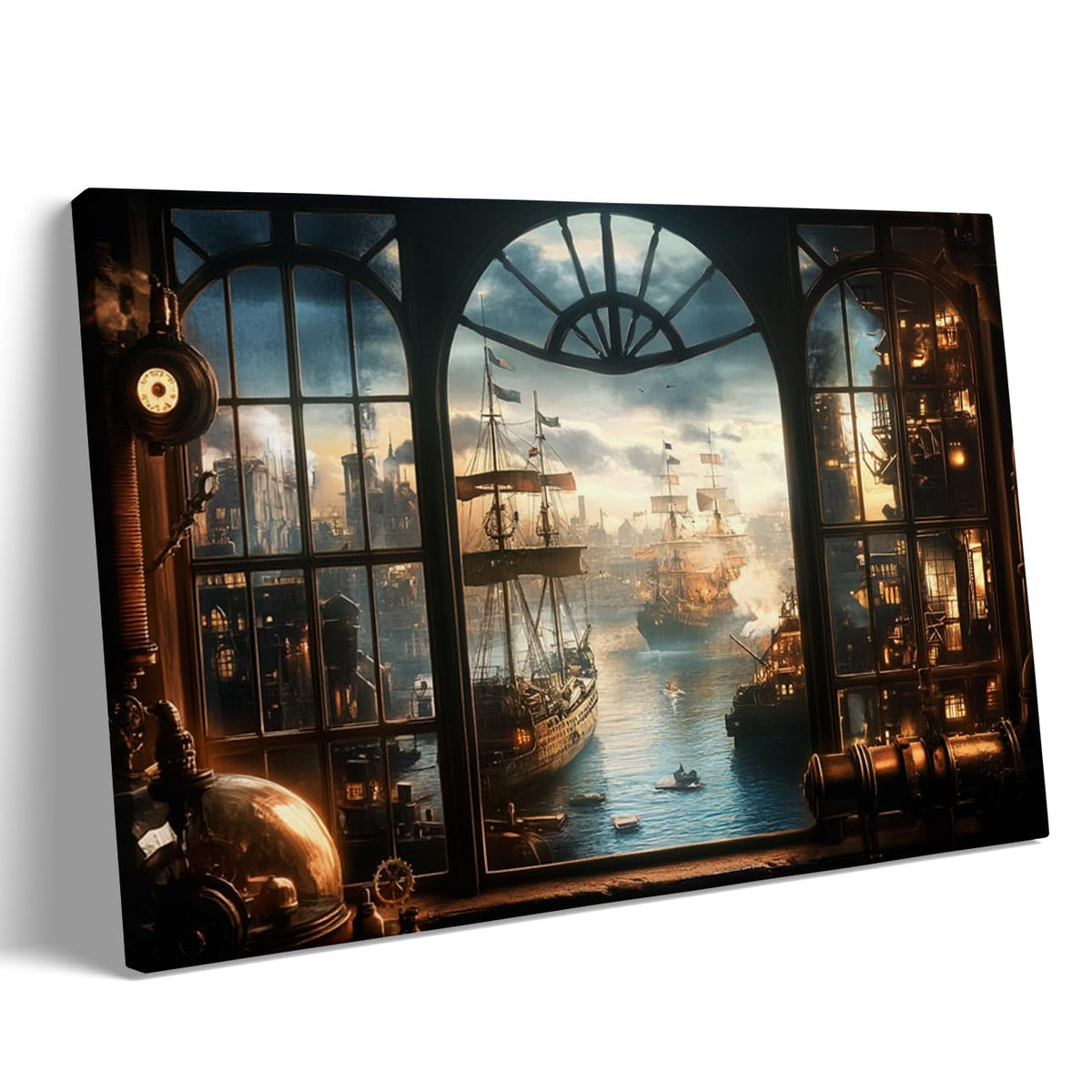 Steampunk Airship Canvas Wall Art Vintage Cityscape Illustration with Metallic Airship and Ornate Buildings Fantasy Sci-Fi Print for Office Lounge Studio Posters 11x14in Unframed