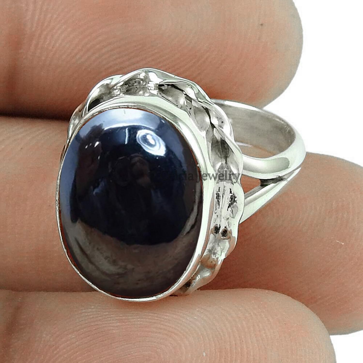 Natürlicher Hämatit-Edelstein-Ovalring, massiver 925er Sterlingsilber-Statement-Ring, organischer Ring, schöner handgefertigter Schmuck zum Verschenken für Frauen (Hämatit, Größe 9,75)