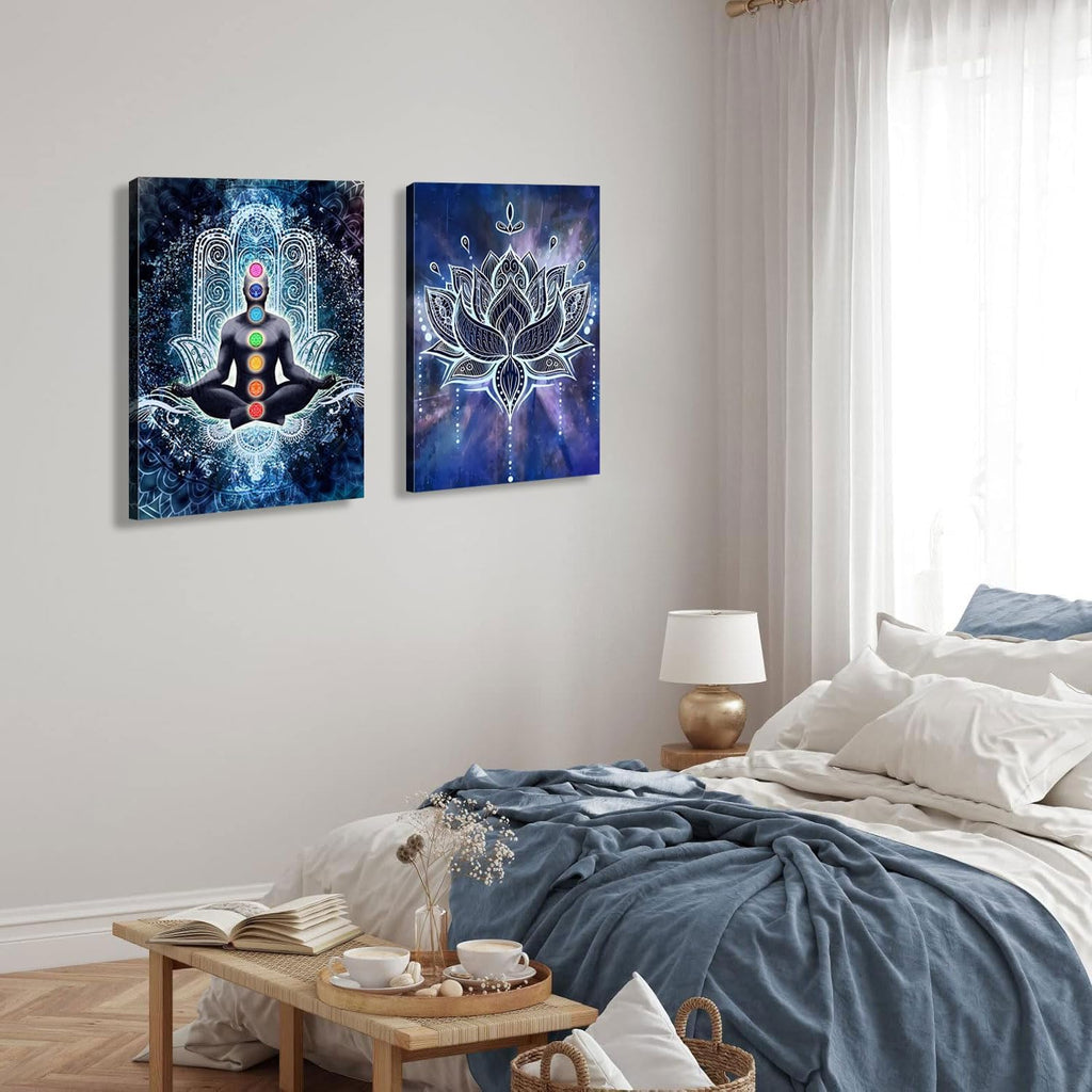 2 Pcs Framed Spiritual Canvas Wall Art Mural Chakra Meditation Poster Lotus Mandala Printed Zen Yoga Artwork Used Mindfulness Therapy Posters Bohemian Picture Home Decoration Gallery Wrapping 12X16Inch