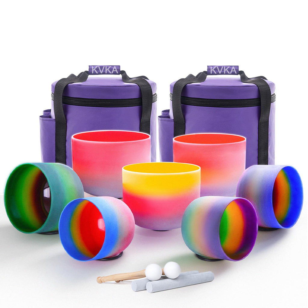 KVKA Kristall-Klangschalen Set, 6-12 inch 432Hz Gradien Quarz Chakra Sound Healing Klangschalen für Yoga Meditation Entspannung Stressabbau mit Tragetasche
