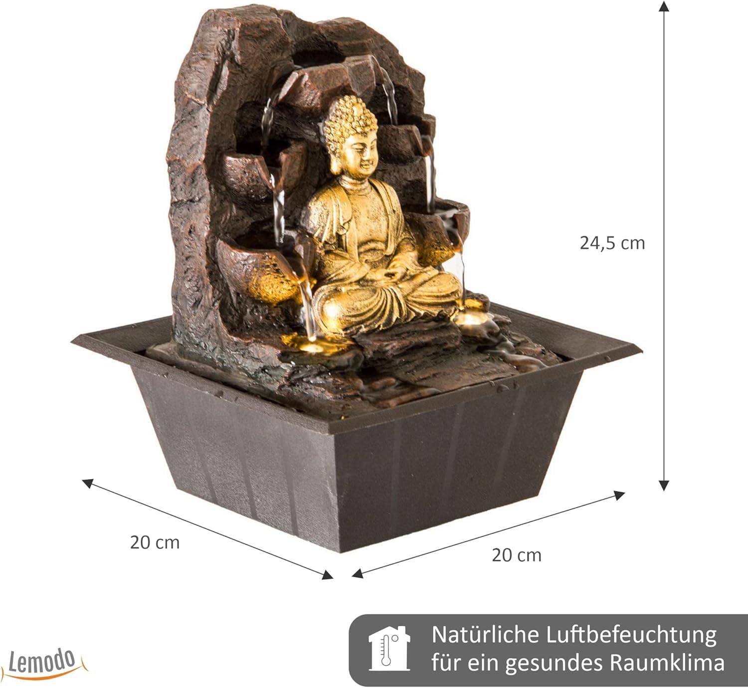 Indoor Fountain Golden Buddha with LED Lighting Table Fountain with Waterfall Decorative Fountain in Rock Look Zen Feel-Good Fountain for Home