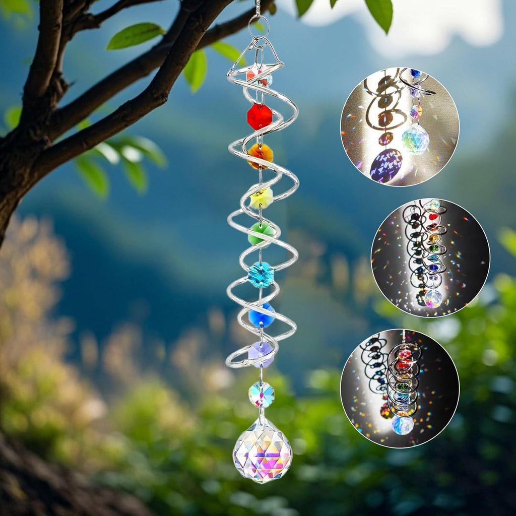 45cm Kristall Sonnenfänger Windspiel - Bunter Regenbogen Sonnenfänger mit Doppelspirale & Chakra Perlen - Dekorativer Hängender Suncatcher für Fenster,Garten,Balkon,Hochzeit - Innen & Außen Deko (A)
