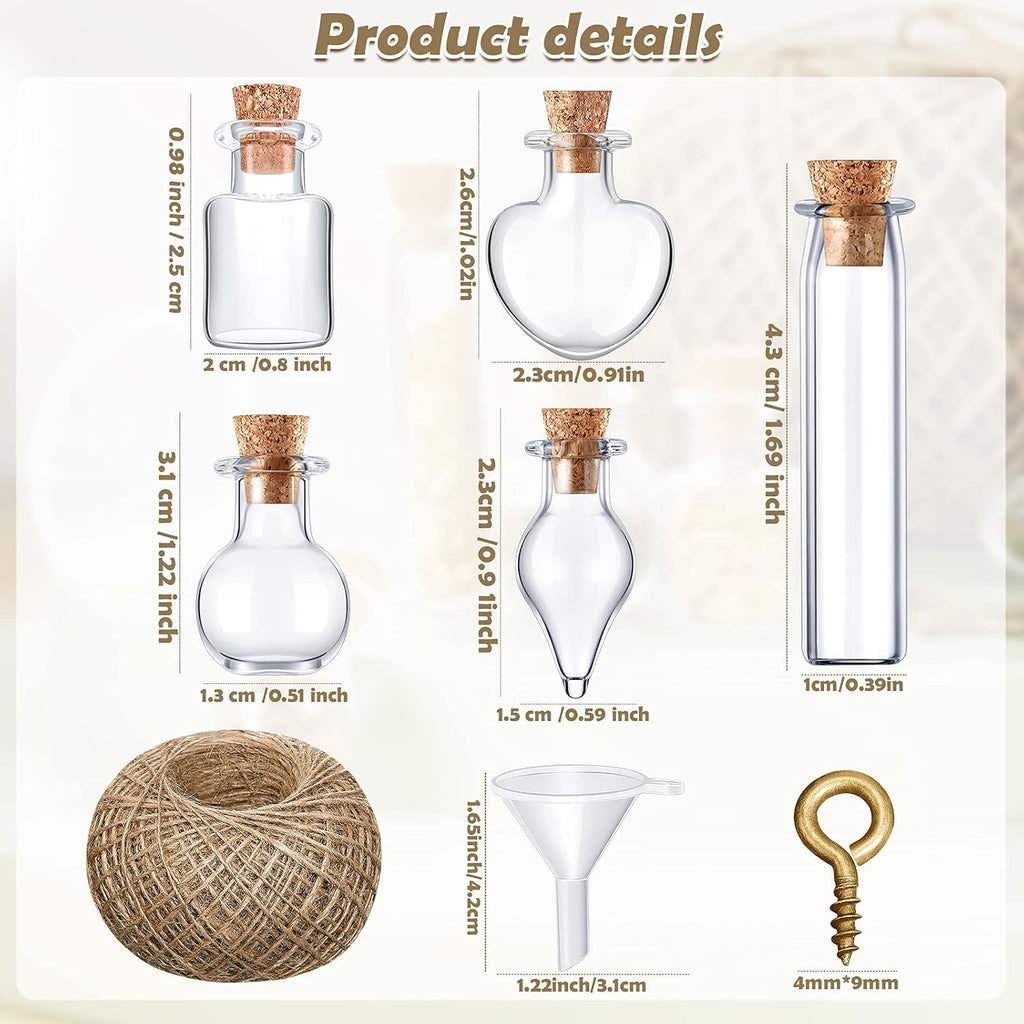 Geiserailie 50 Pcs Mini Glass Jars with Cork Stoppers,Style A,Transparent | With Eye Screws Funnel Jute Twine, 4 Shapes for Spell Jars Wishing Bottles Witchcraft DIY Crafts Party Decor Jewelry Making