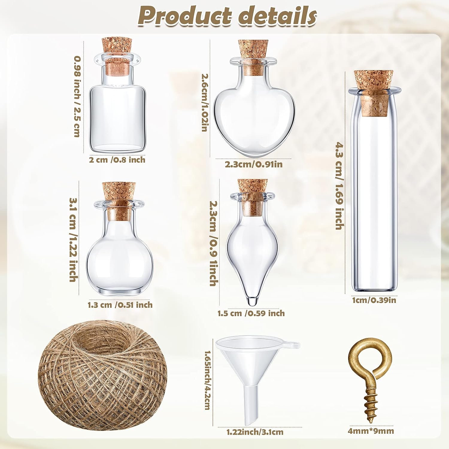 Geiserailie 50 Pcs Mini Glass Jars with Cork Stoppers,Style A,Transparent | With Eye Screws Funnel Jute Twine, 4 Shapes for Spell Jars Wishing Bottles Witchcraft DIY Crafts Party Decor Jewelry Making