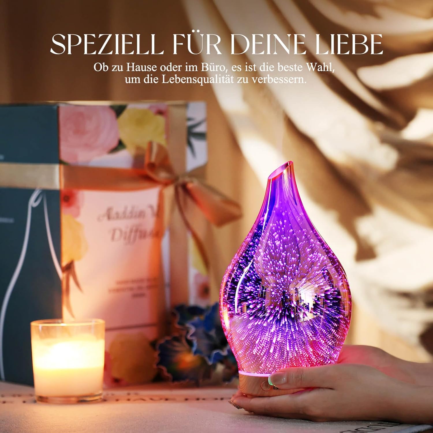 Porseme Aroma Diffuser Luftbefeuchter 150ml,Handgeblasen 3D Luftbefeuchter Ultraschall Leise 7 farbwechselnde LEDs Raumbefeuchter BPA Frei für Wohnung Yoga SPA mit Timer (Rose Gold)