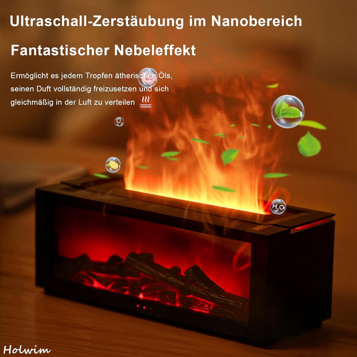 Holwim Aroma Diffuser mit LED Kamin, Duftöl Diffusor für Ätherische Öle mit 7-Farben-Licht Flammeneffekt, 150ml Luftbefeuchter mit Fernbedienung, 4 Timer, Wasserlose Abschaltautomatik (Schwarz)