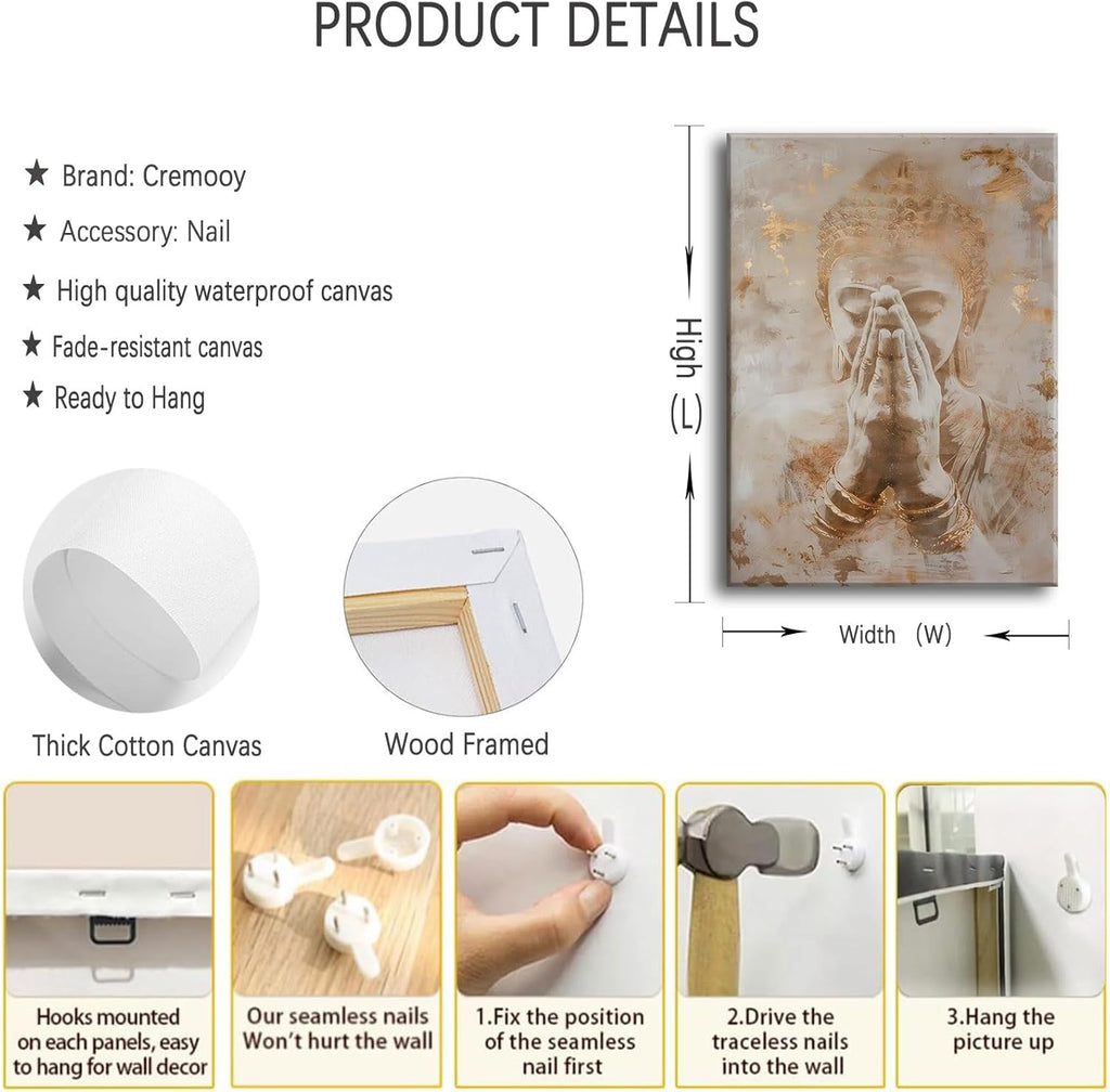 Gold Buddha Canvas Wall Art Abstract Buddhism Worship Painting Decor Pictures Zen Spiritual Meditation Posters Prints for Meditation Room Living Room Modern Spiritual Yoga Spa Bedroom Decoration