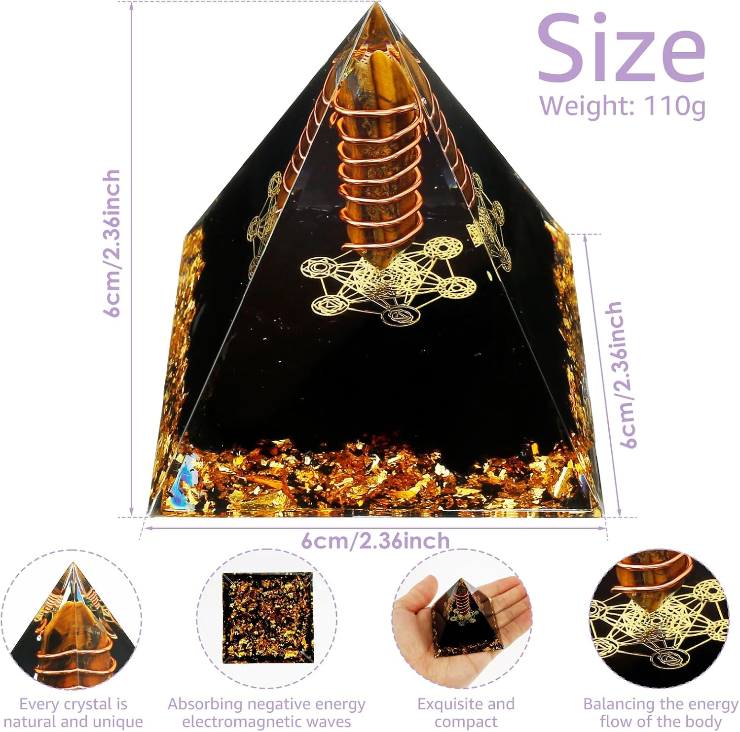 IXTIX Orgonit Pyramide Reiki Healing Natürliche Kristall, Heilkristalle für Wahrsagungsmeditation Yoga Gleichgewicht 6 * 6CM, Glückssteine für 12 Sternzeichen (Citrin)