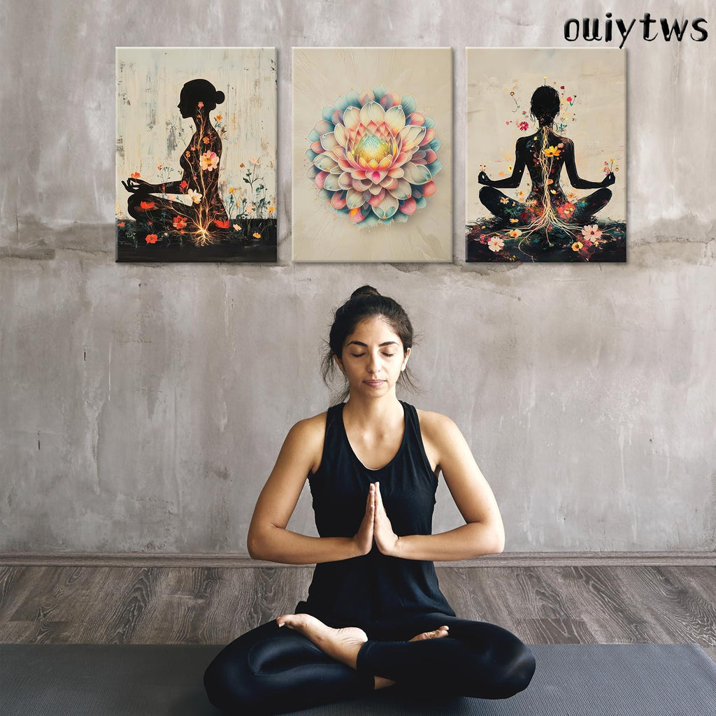 Yoga and Flower themed Meditation Wall Art Set of 3, Spiritual Meditation Women's Match with Flower and Lotus Patterns Canvas Poster Prints Painting,for Yoga Meditation Room,Bedroom,Framed 12X16in