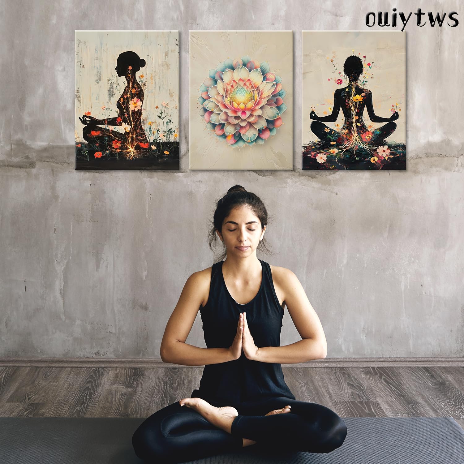 Yoga and Flower themed Meditation Wall Art Set of 3, Spiritual Meditation Women's Match with Flower and Lotus Patterns Canvas Poster Prints Painting,for Yoga Meditation Room,Bedroom,Framed 12X16in