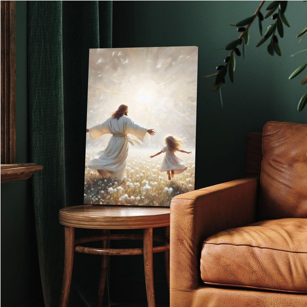 Jesus canvas painting spiritual artwork featuring a girl in a flowing white robe happily playing in a warm field of golden daisies. Adds a vibrant atmosphere to your home's sacred wall decor