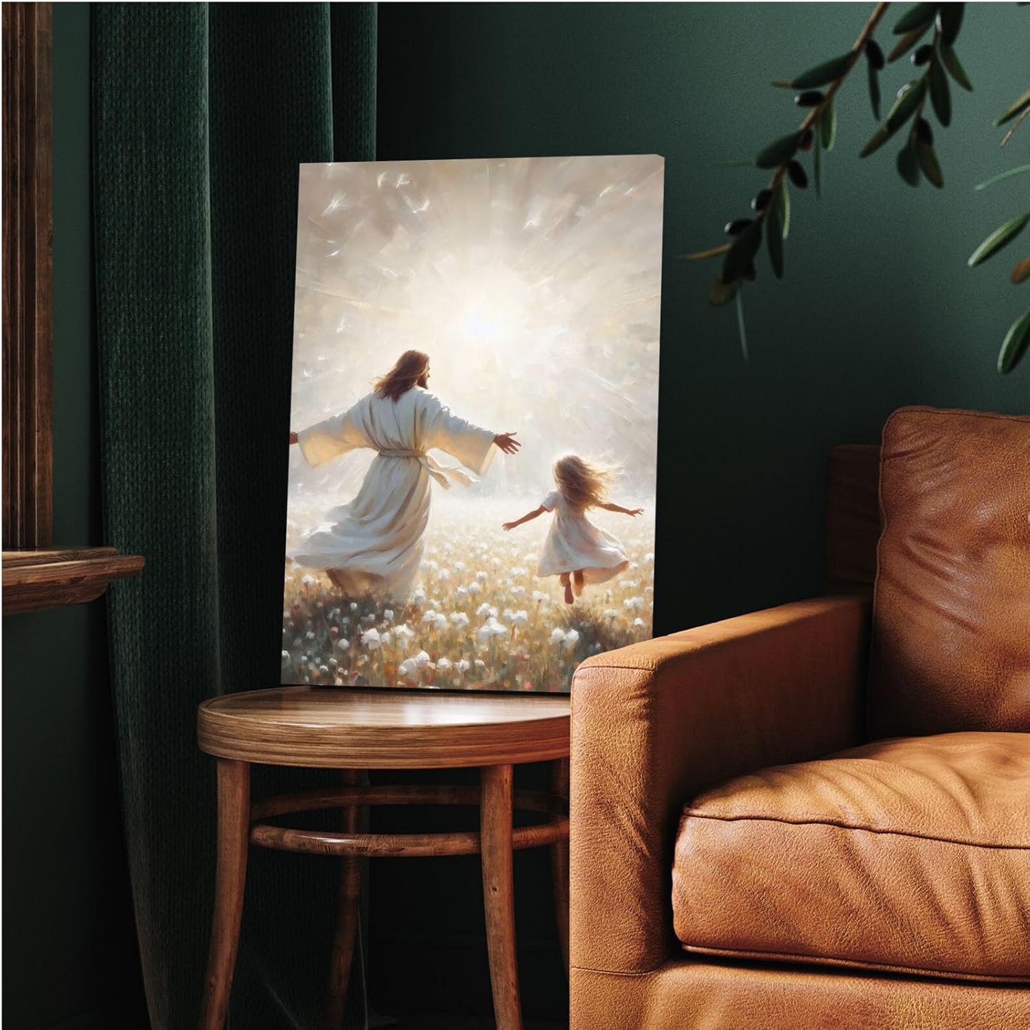 Jesus canvas painting spiritual artwork featuring a girl in a flowing white robe happily playing in a warm field of golden daisies. Adds a vibrant atmosphere to your home's sacred wall decor