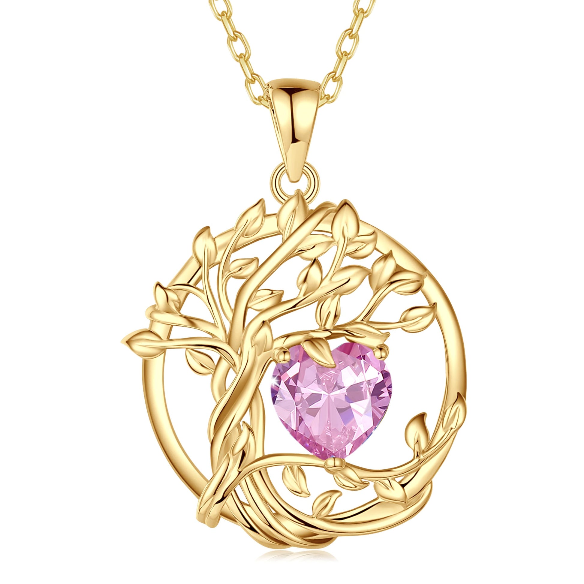 FANCIME Lebensbaum Geburtstein Kette für Damen Gelbgold Vergoldet Baum des Lebens Edelstein Anhänger Halskette Schmuck Geschenke für Damen Frauen Mädchen, Kettenlänge: 40+5 cm