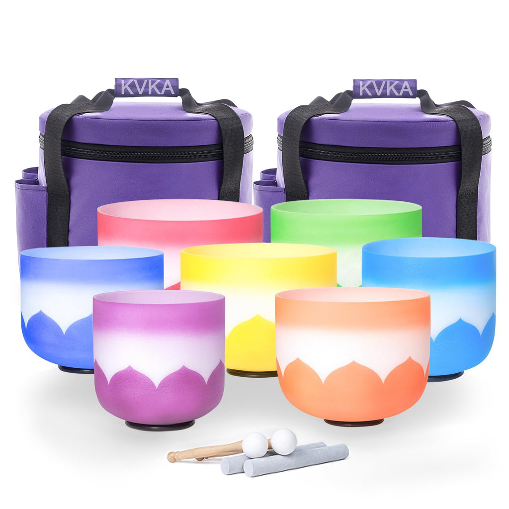 KVKA Kristall-Klangschalen Set, 6-12 inch 432Hz Gradien Quarz Chakra Sound Healing Klangschalen für Yoga Meditation Entspannung Stressabbau mit Tragetasche