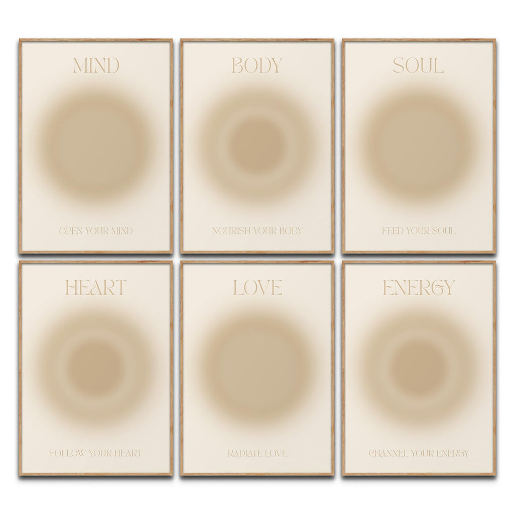 Mind Body Soul Poster Set Achtsamkeit Aura Farben Yoga Wanddeko Inspirierende Bilder Mindfulness Schlafzimmer Deko Wohnzimmer Dekoration Homeoffice Achtsamkeitsposter (6x A4 | Ohne Rahmen)