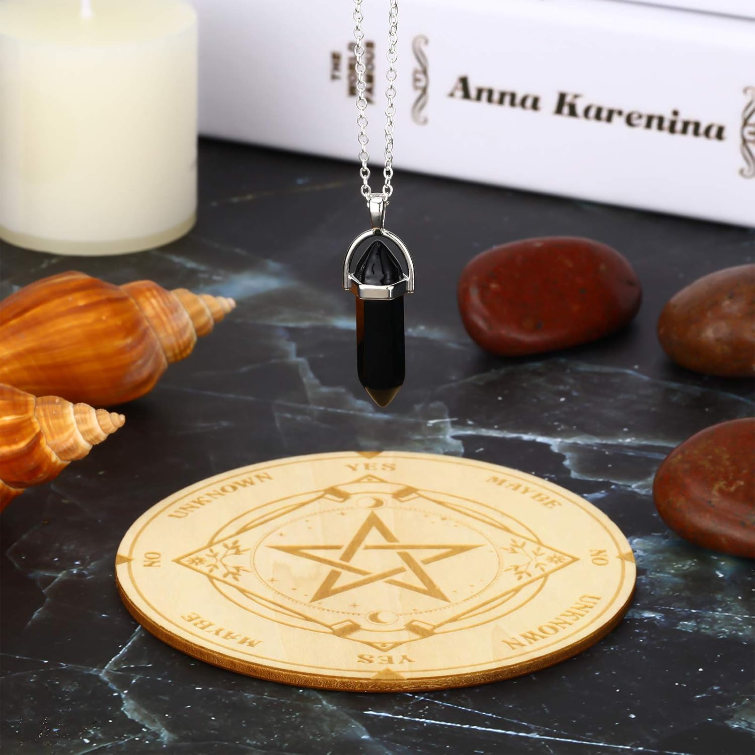 Stern Pendel Brett Wünschelrute Wahrsagen Metaphysische Message Board Holz Brett mit Kristall Wünschelrute Pendel Halskette Hexerei Wicca Altar Supplie Kit