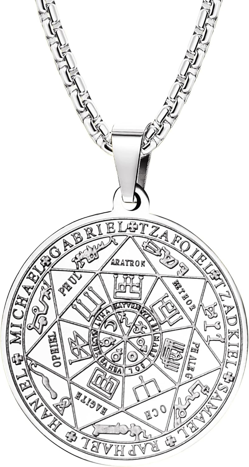 JeweBella Halskette Herren 7 Erzengel Siegel Medaille Talisman Halskette für Männer Frauen Edelstahl Pentagramm Talisman Anhänger Amulett Magische Schutzkette Männlicher Schmuck Glücksbringer