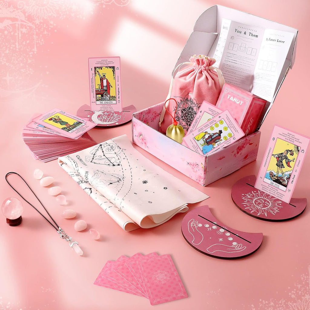 Myripoly Pink Tarot Cards Deck Set for Beginners-Classic Tarot Cards with Meanings on Them-17PC Tarot Witchcraft Kit,-Crystal Ball Divination- Fei Shui Bracelet