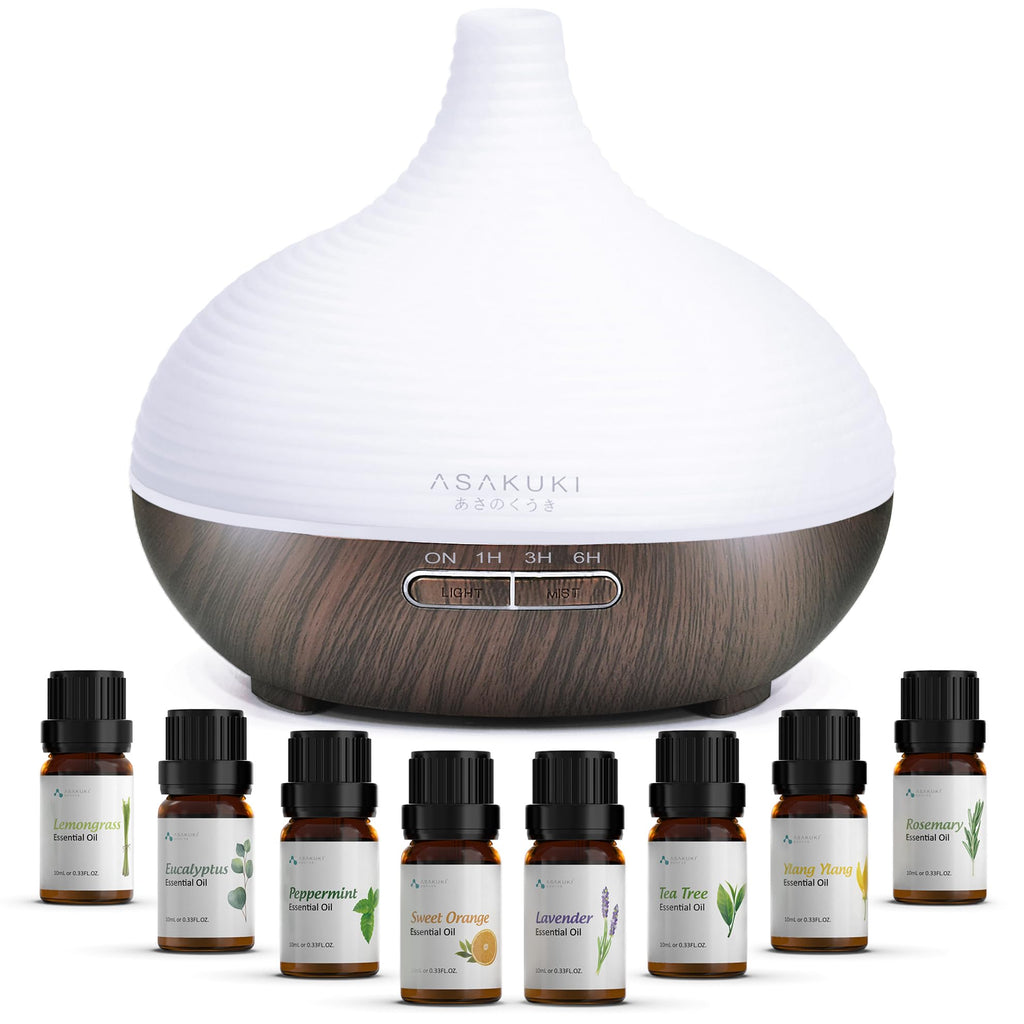 Asakuki Aroma Diffuser for Fragrance Oils, 300 ml Premium Ultrasonic Humidifier for Aromatherapy Oils with 7-Colour LED Light, BPA-Free for Bedroom, Office, Spa