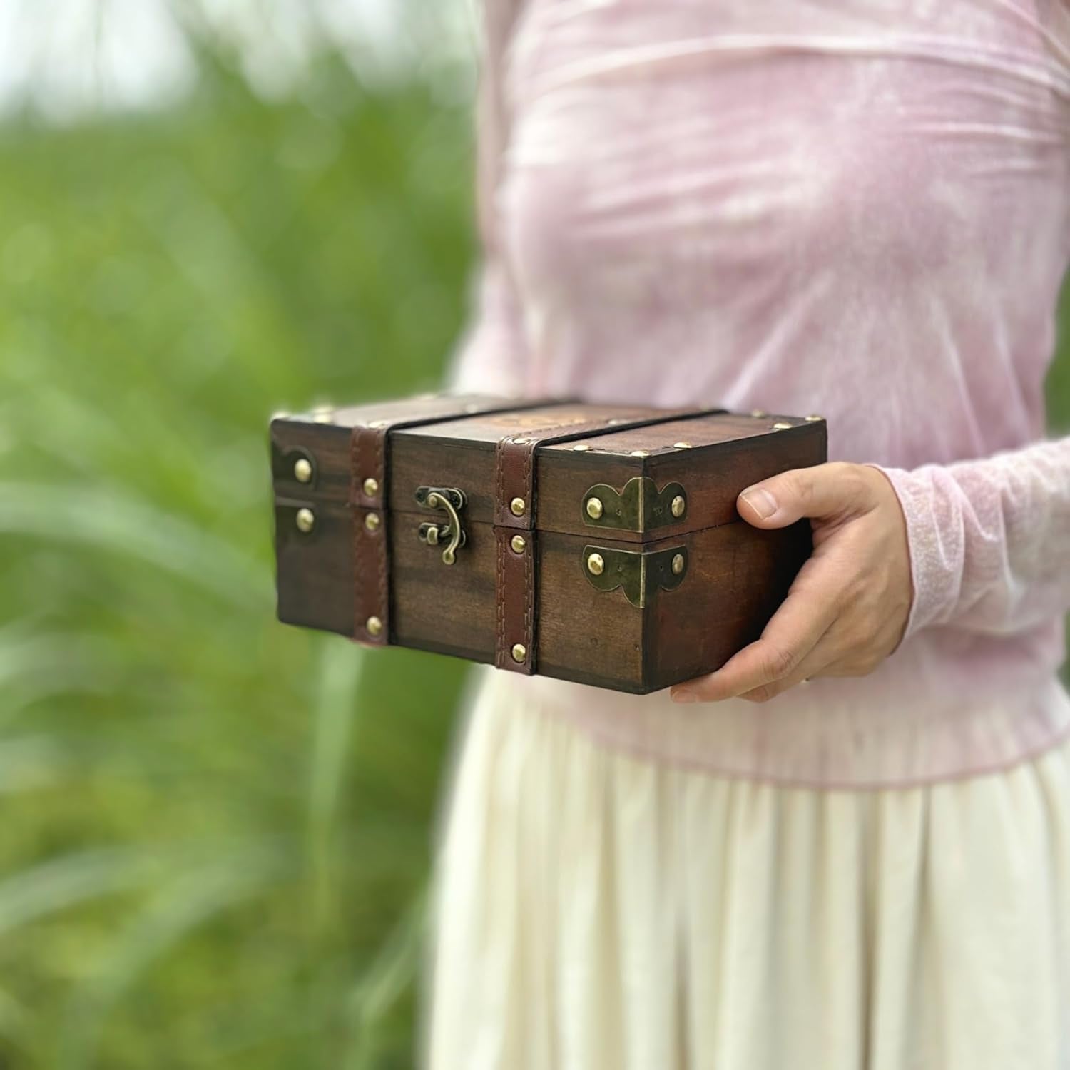 Triple Moon Goddess Pentagram Engraved Wooden Chest with Velvet Lining Wiccan Accessories and Tool Storage Keepsake Jewelry Organizer