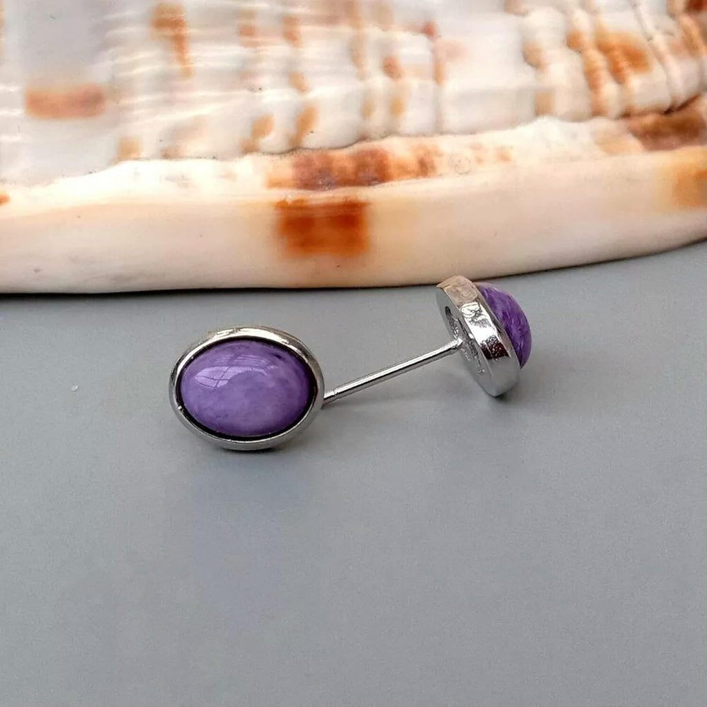 Natural Purple Charoite Earrings Oval Shape Bezel Set Stud Earrings 925 Silver