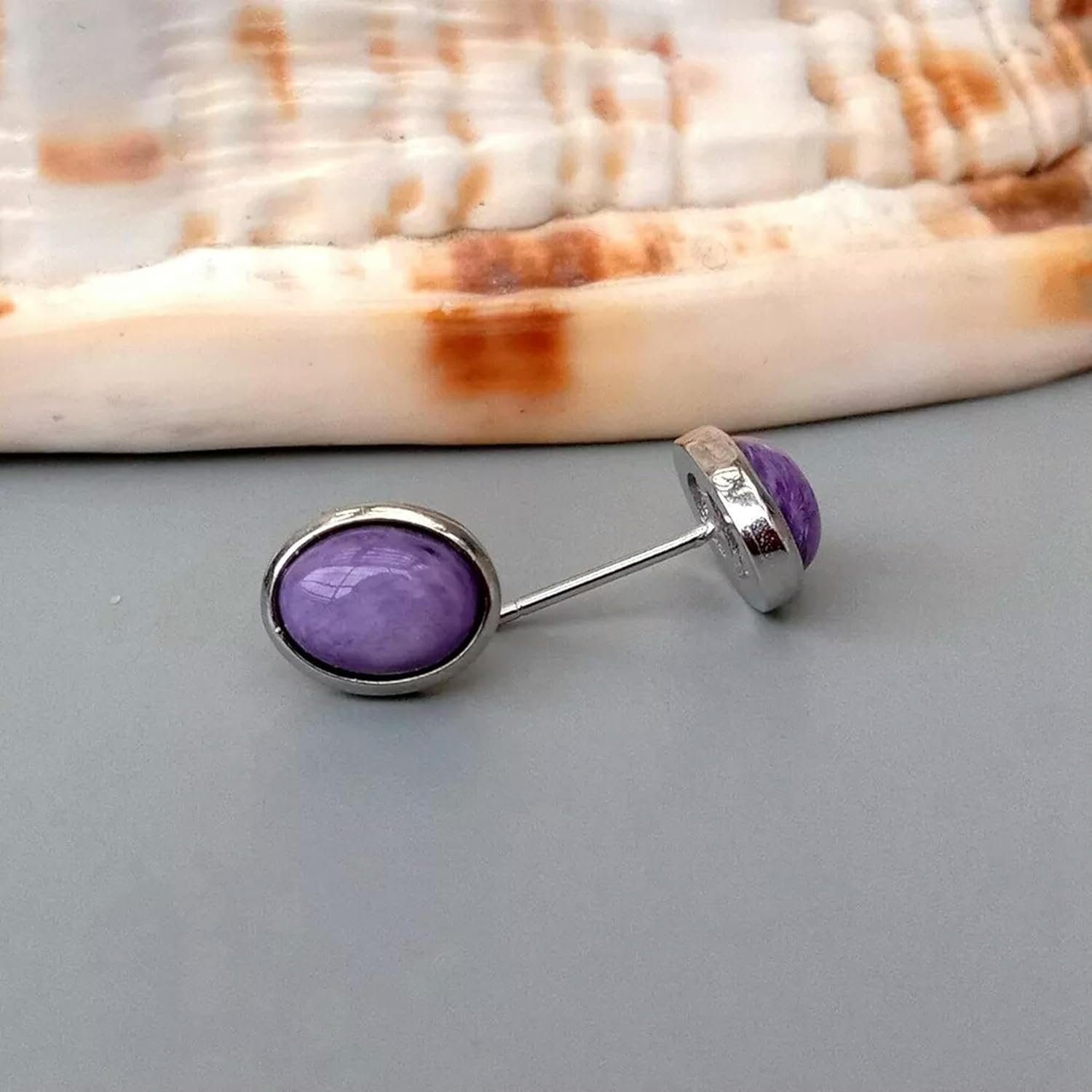 Natural Purple Charoite Earrings Oval Shape Bezel Set Stud Earrings 925 Silver