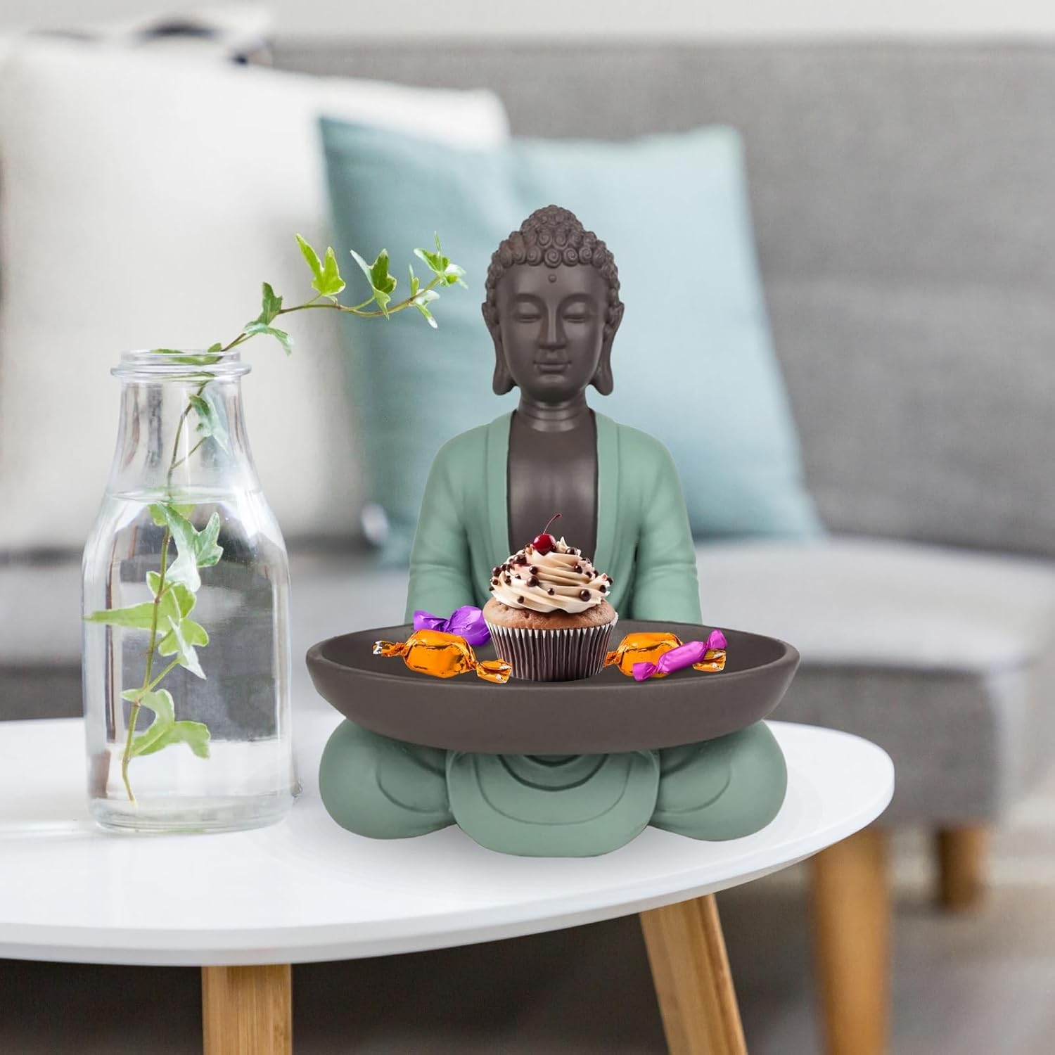 Leere Figur Buddha – Dekoration Zen und Feng Shui – für eine entspannende und spirituelle Atmosphäre – Geschenkidee Glücksbringer – Höhe: 20 cm – Farbe: Grün und Braun – Zen'Light