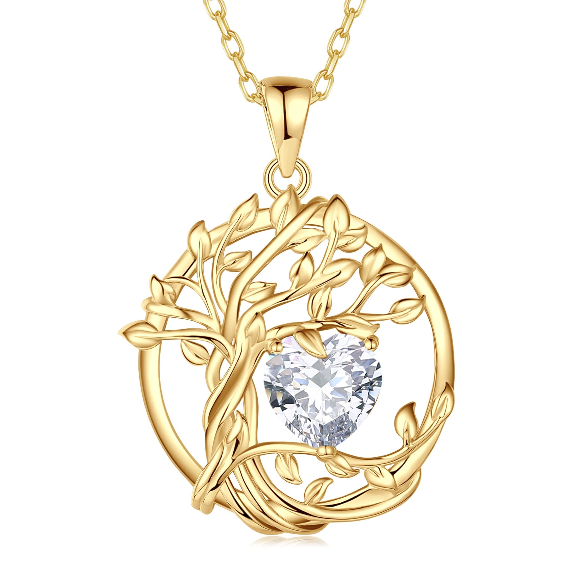 FANCIME Lebensbaum Geburtstein Kette für Damen Gelbgold Vergoldet Baum des Lebens Edelstein Anhänger Halskette Schmuck Geschenke für Damen Frauen Mädchen, Kettenlänge: 40+5 cm