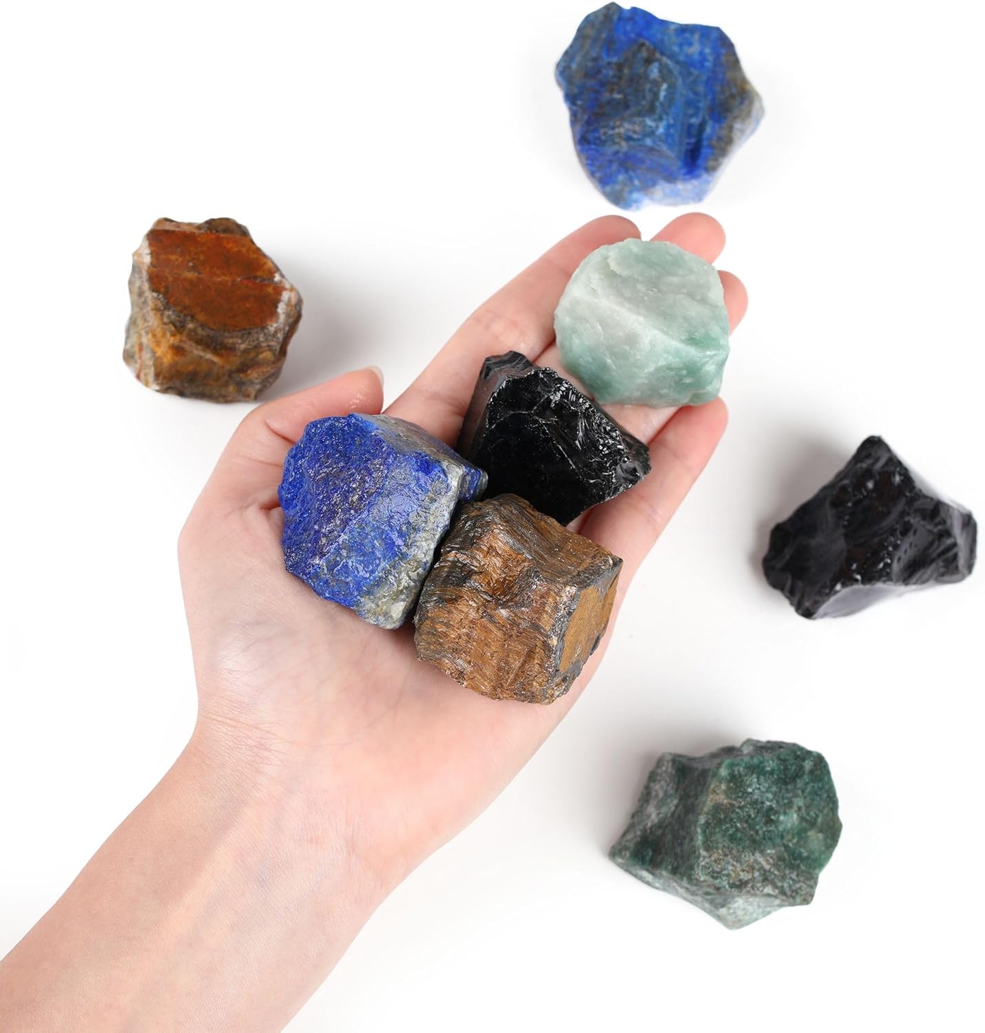 QINJIEJIE 100% Großes Grün Aventurin und Tigerauge Premium Wassersteine Grundmischung Steine 4 Stück Natursteine Heilsteine set Naturbelassene Kristalle Rohsteine 2"