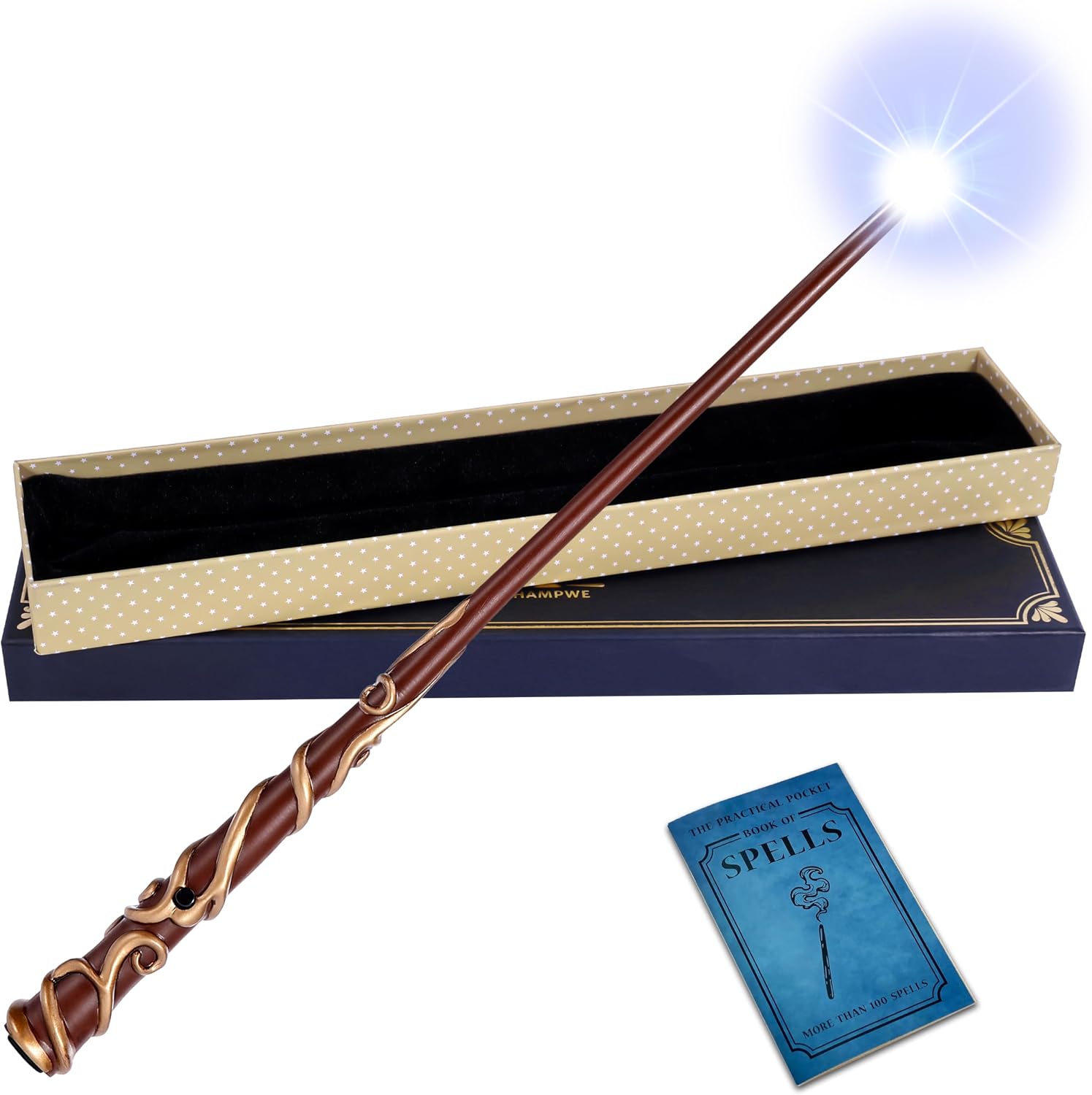 ChampWe Light Up Magic Wizard Wand Rechargeable Illuminating Toy for Kids Witch Collection Cosplay Accessories with Spellbook and Gift Box (Ivy)