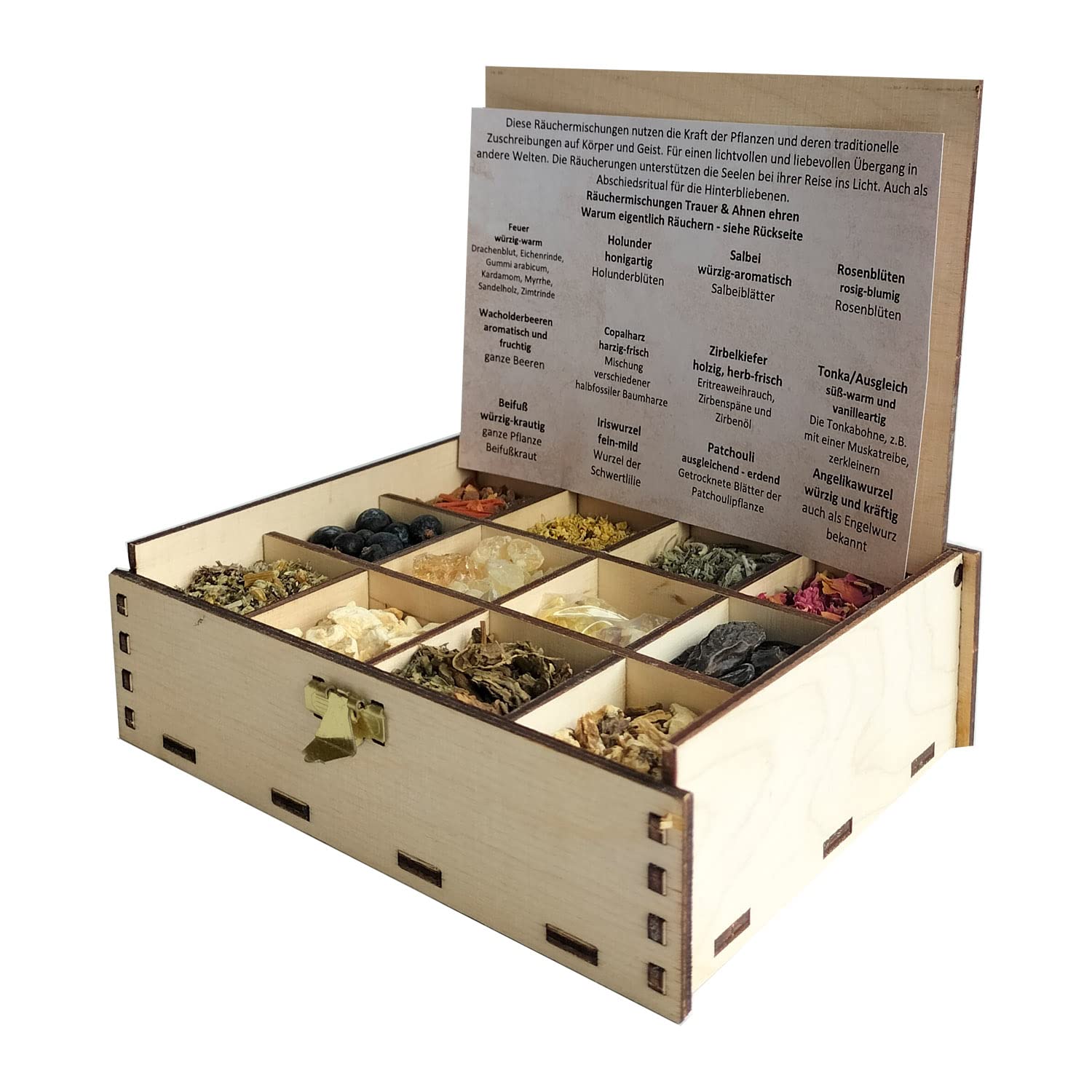 Heilkräuter Manufaktur Räucherbox Geschenkbox mit 12 Sorten Räuchermischungen Räucherwerk für die Seele, 14 x 10 x 4 cm