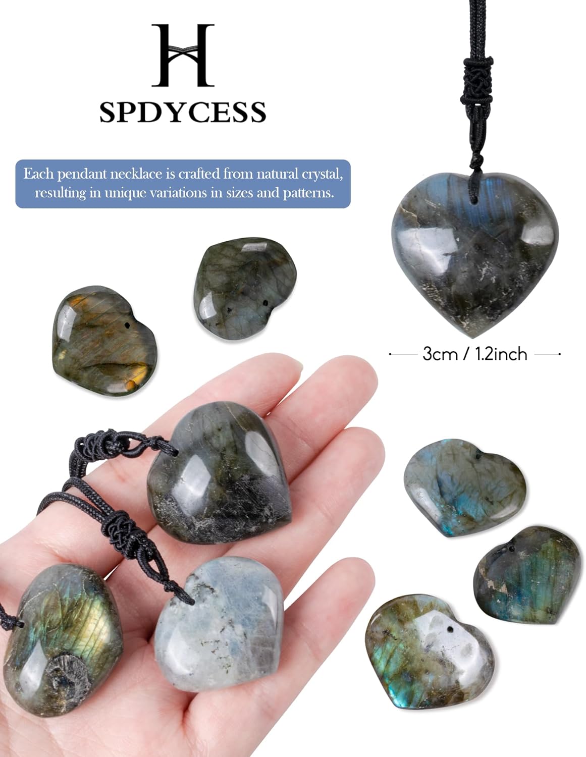SPDYCESS Natürliche Heilung Kristalle Kette Damen Herz Rund Labradorit Achat Halskette mit Anhänger Reiki Schmuck für Männer Frauen Geschenk