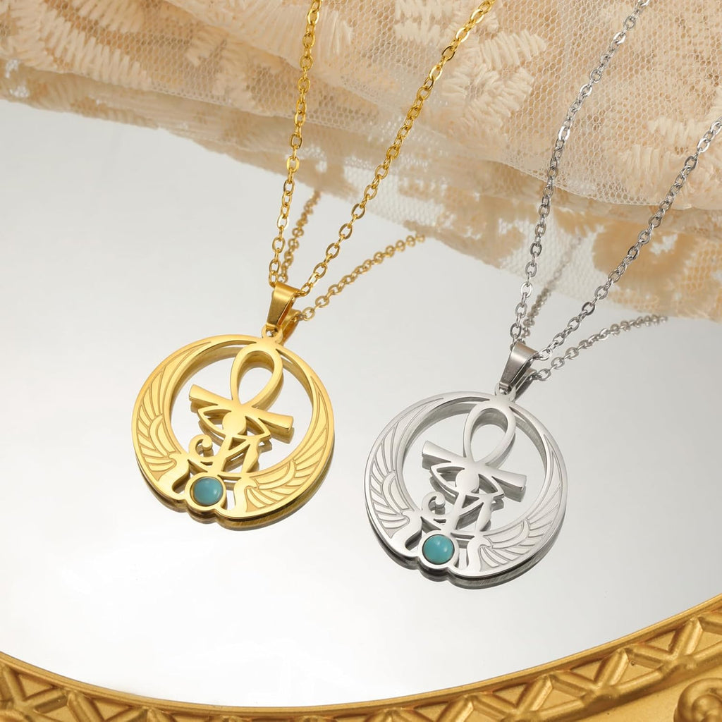 EUEAVAN Ankh Kreuz Auge des Horus Edelstein Halskette Schlüssel des Lebens Skarabäus Anhänger ägyptische Göttin Isis Schutzamulett Religiöser Schmuck für Frauen Männer