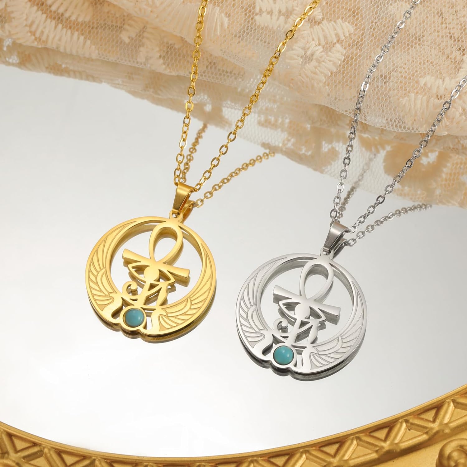 EUEAVAN Ankh Kreuz Auge des Horus Edelstein Halskette Schlüssel des Lebens Skarabäus Anhänger ägyptische Göttin Isis Schutzamulett Religiöser Schmuck für Frauen Männer