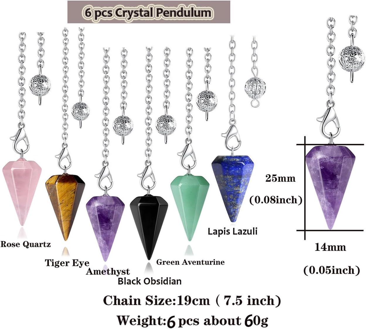 XIANNVXI 6pcs Pendel Set Kristalle Amethyst Stein Rosenquarz Obsidian Lapislazuli Kristall Edelsteine Energetische Pendel Esoterik Pendel mit Kette Spirituelle Reiki Zubehör