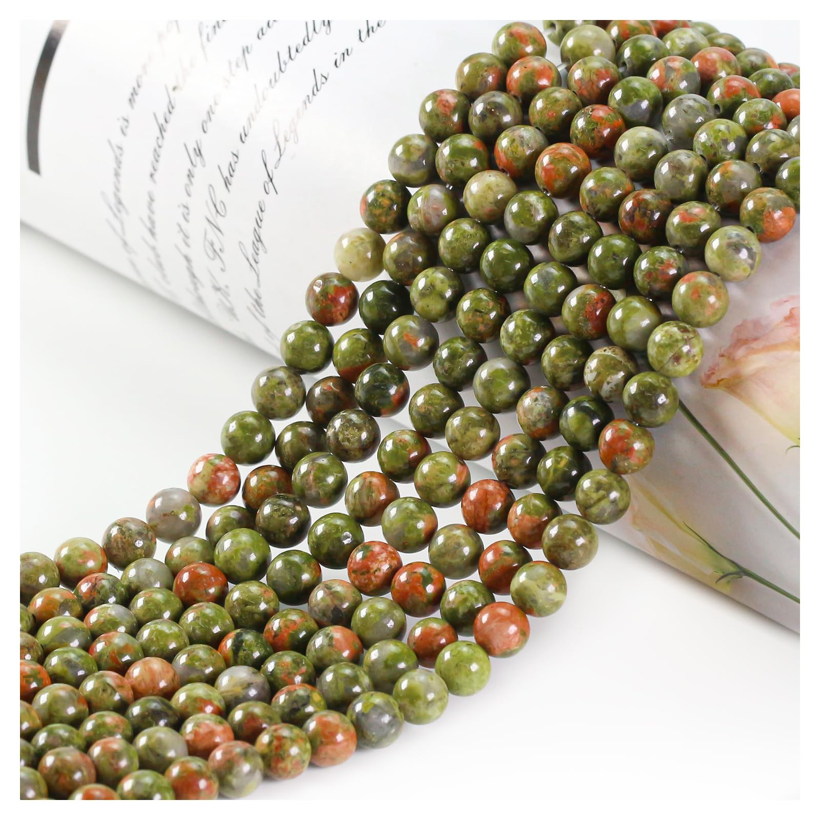 Natural Stone Beads, Gemstone Beads, 45 Pieces, 8 mm, Natural Stone, Unakite Gemstone Beads, Polished Round Gemstones for Threading, Gemstones, Stone Beads for Bracelets, Necklaces, DIY Jewellery,