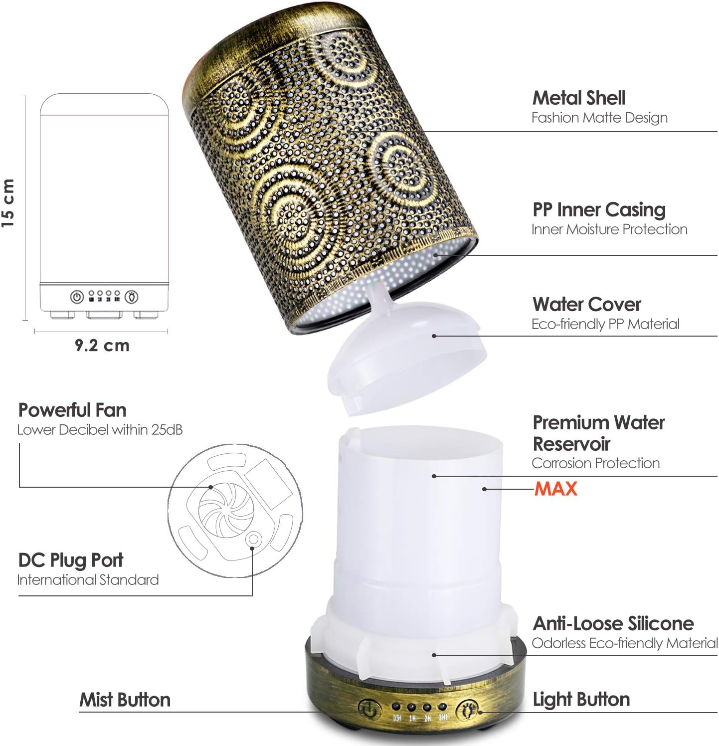SALKING Aroma Diffuser Luftbefeuchter Humidifier, Handgefertigt Metall Diffusor für ätherische Öle, Automatisch Power-Off, 7 Farbe Licht Vintage Aromatherapie für Baby, Zuhause Büro oder Yoga