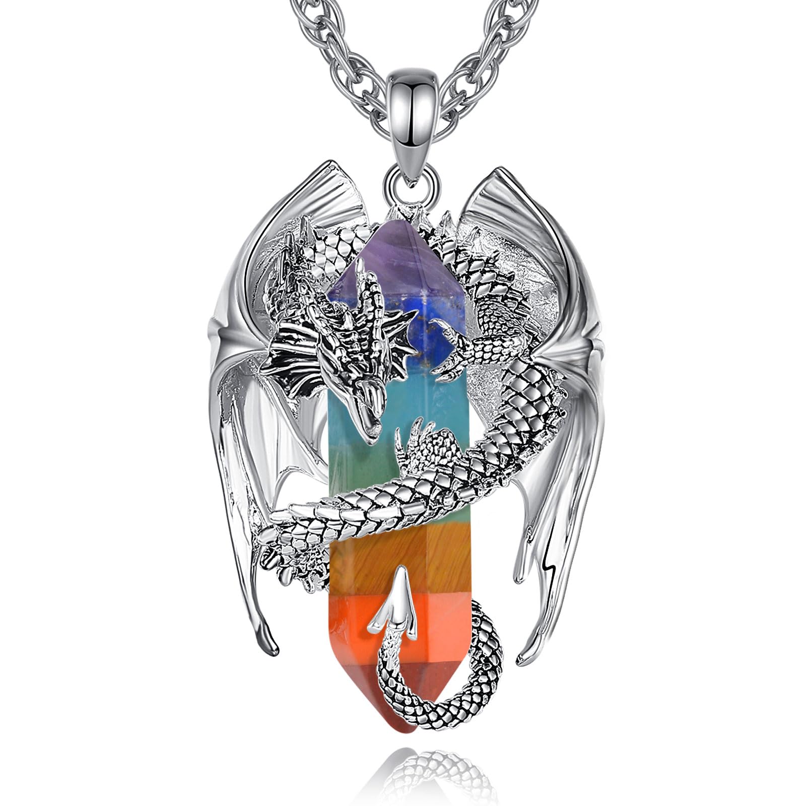 INFUSEU Kristall Drachen Kette, Nordischer Drache Gewickelter Zylinder Edelstein Kristall Anhänger Sechseckiger Heilkristall Anhänger Gothic Naturkristall-Schmuck Geschenk für Männer Frauen