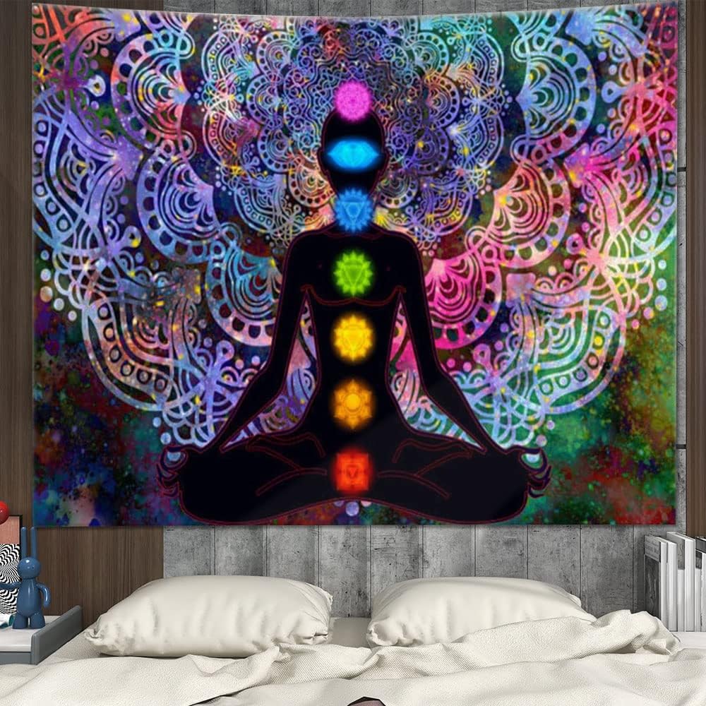 Yoga Mandala Tapestry, Colourful Seven Chakra Tapestry with Installation Kit, for Bedroom, Living Room, Dorm, Studio Room Decor